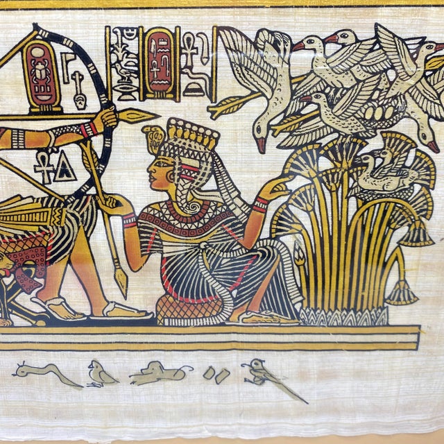 Framed Hand-Painted Egyptian Papyrus King Tutankhamun and Queen Ankhesenamun in a Traditional Royal Hunting Scene by Khedn For Sale - Image 9 of 10