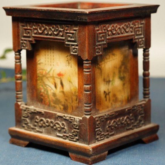 Rosewood Square Brush Pot With "Four Gentlemen" Motif – Scholar's Desk Decor For Sale In Los Angeles - Image 6 of 9