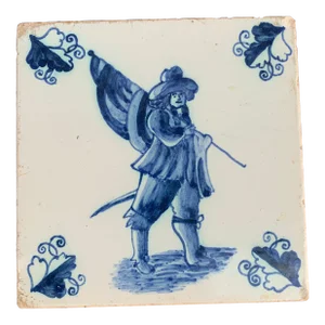 Antique Dutch Delft Style Blue and White Tile Featuring a Soldier
