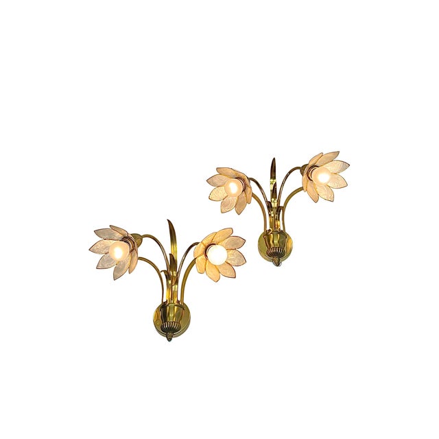 Brass and Lotus Flower Wall Lights by Sa Boulanger, 1960s, Set of 2 For Sale - Image 4 of 15