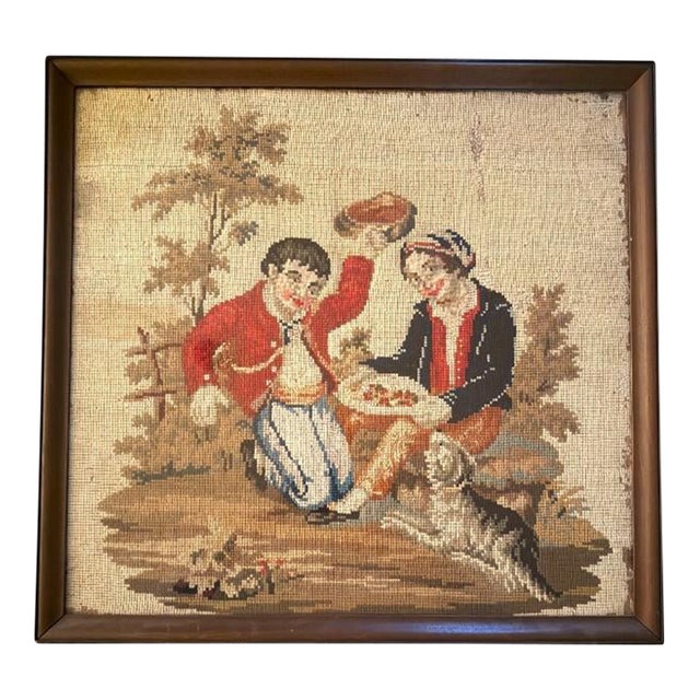Vintage Framed Needlepoint – Romantic Courting Scene With Dog For Sale