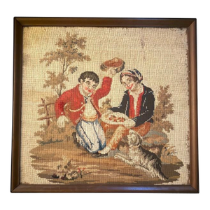 Vintage Framed Needlepoint – Romantic Courting Scene With Dog