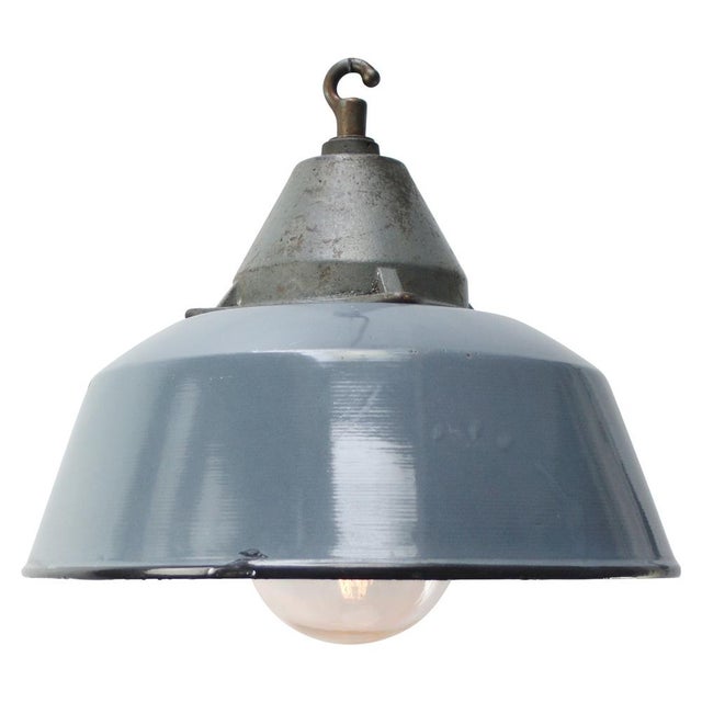 Glass Vintage Industrial Grey Enamel, Glass, and Cast Iron Pendant Lamp For Sale - Image 7 of 8