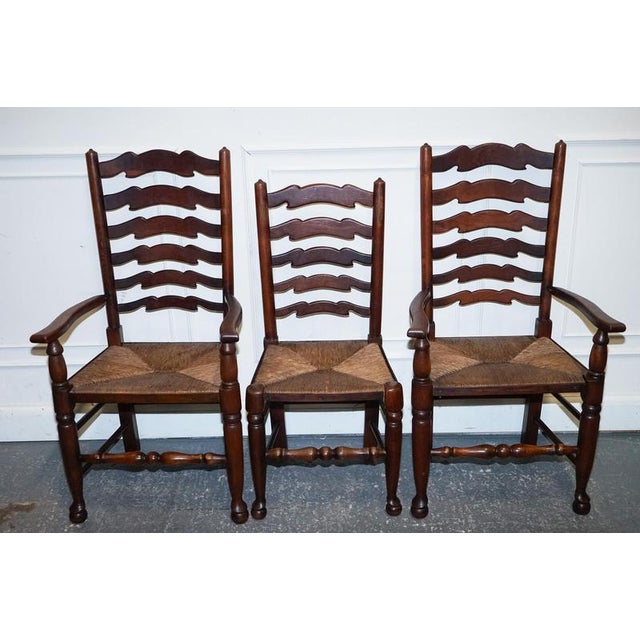 Antique English Rush Seat Ladderback Dining Chairs, 1910s, Set of 6 For Sale - Image 6 of 18