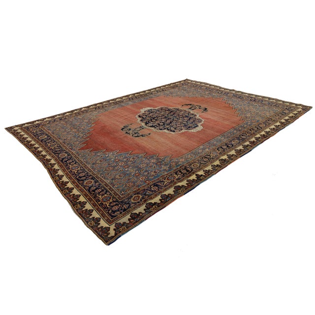 Antique Bidjar Style Wool Rug in Terracotta & Indigo, Hand-Knotted Medallion For Sale - Image 12 of 12
