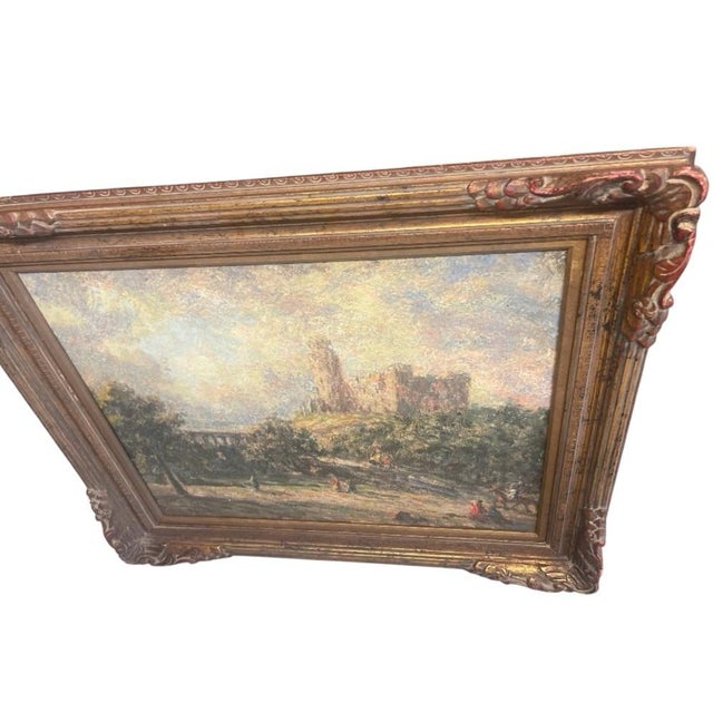 Wood An Antique Oil Painting Luminous Citadel: A Classic European Landscape For Sale - Image 7 of 12