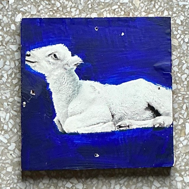 Pop Art Vintage Boho Original Lamb Painting on Board For Sale - Image 3 of 7
