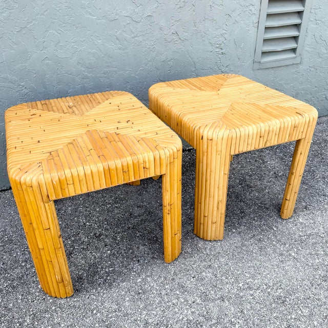 Boho Chic Split Bamboo Waterfall Side Table - A Pair For Sale - Image 4 of 8