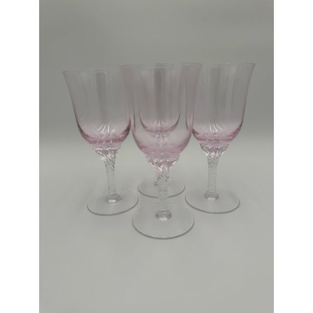 Rare set of 4 Sasaki crystal water goblets in the Coronation pattern in the color light pink. This set from the early...