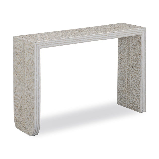 Boho Chic Cyprus Cream Leaves Capiz Shell Console Table For Sale - Image 3 of 6