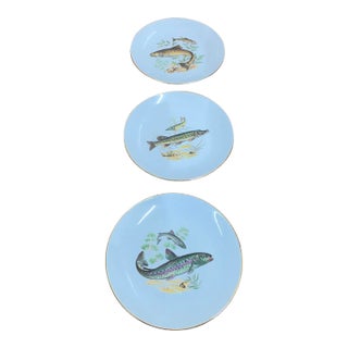 Vintage Israeli Naaman Fish Luncheon Plates With Gold Trim- Set of 3 For Sale