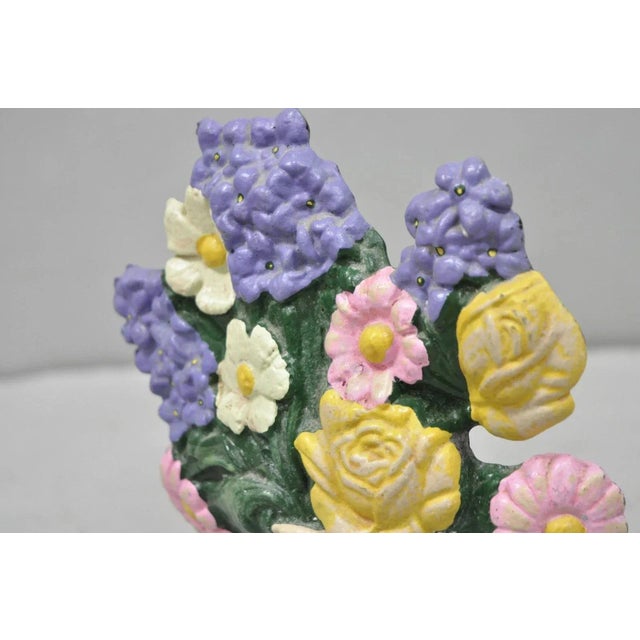 Antique Victorian Cast Iron Figural Floral Bouquet Basket Pink Painted Door Stop For Sale In Philadelphia - Image 6 of 10
