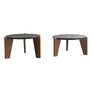 Brutalist Slate and Pine Side Tables, 1970s, Set of 2 For Sale