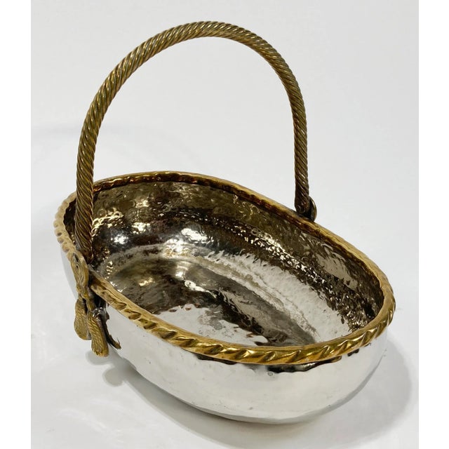 Vintage Heavy Hammered Silver Bowl With Brass Rope Handle For Sale In Kansas City - Image 6 of 10