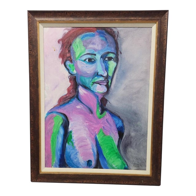 Vintage 2000 Original Fauvist Expressionist Female Nude Portrait Painting For Sale