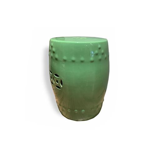 Green garden stool with a glossy finish. Great for the backyard and indoors a great piece to brighten up a room. No maker...