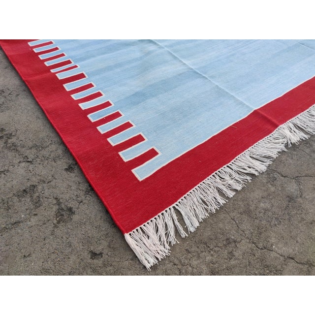 Handmade Cotton Zig Zag Patterned Rug, Sky Blue and Red Bordered Dhurrie - 10'x14' For Sale - Image 6 of 10