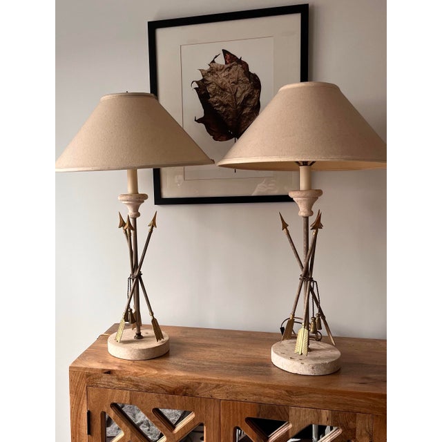 French Mid 20th Century French Arrow & Tassel Lamps on Travertine Bases With Original Fabric Shades-a Pair For Sale - Image 3 of 12