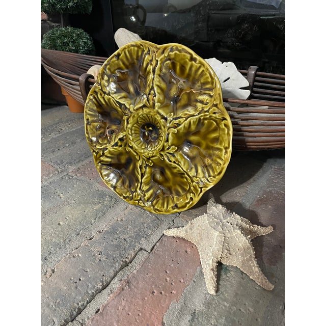 1950s French Gien Majolica Olive Green Oyster Plate For Sale - Image 12 of 15