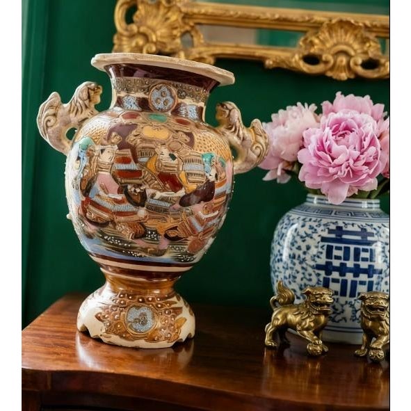 Early 20th Century Antique Japanese Satsuma Moriage Vase With Samurai Scene & Figural Handles – 14” For Sale - Image 5 of 18