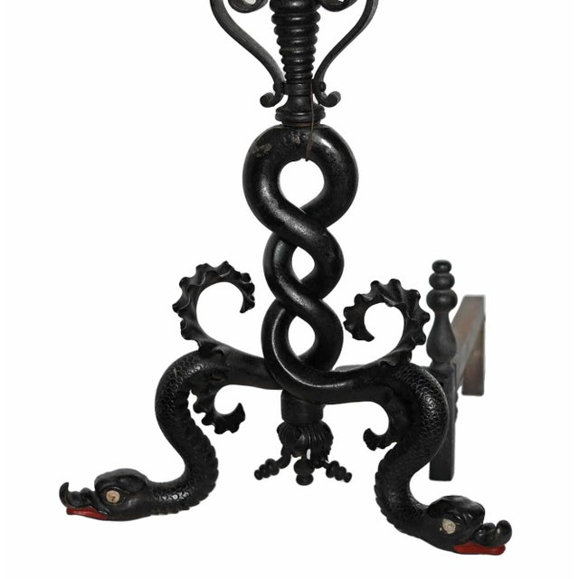 Andirons Antique Wrought Iron With Serpentine Shaft, Scrollwork and Birdcage Finials - A Pair For Sale - Image 4 of 6