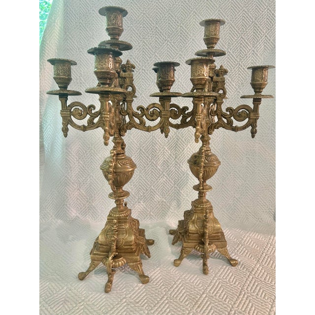 1930’s - 1950’s Pair of Continental Rococo Revival Griffin Handle Candelabra in Aged Gilt Metal For Sale - Image 12 of 12