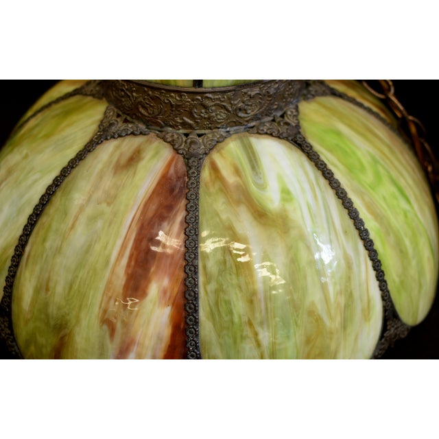 Antique Avocado Ceiling Light Shade With Slag Glass and Bronze Bands For Sale - Image 16 of 18