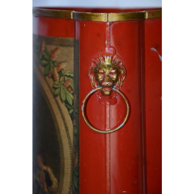 Midcentury Red Footed Tole Tin Waste Basket With Decoupage Print For Sale - Image 11 of 13
