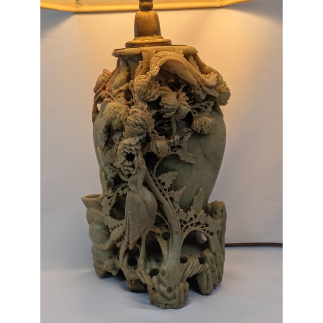Chinoiserie Mid-20th-Century Chinese Hand-Carved Soapstone Bird and Floral Vase Lamp For Sale - Image 3 of 11