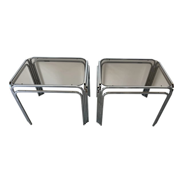 1970s Mid-Century Modern Chrome and Smoked Glass Side Tables – Set of 2/ Sold For Sale