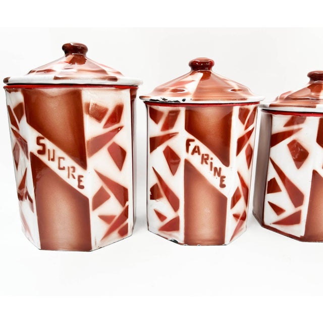 Antique French Enamel Kitchen Tins Set by Aubecq, 1920s, Set of 6 For Sale - Image 4 of 10