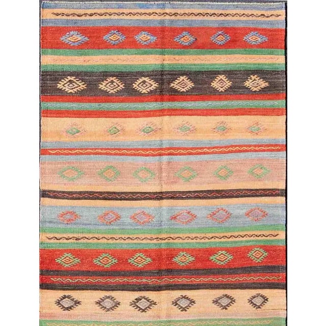 Tribal Mid 20th Century Vintage Turkish Kilim Carpet With Colorful Geometric Stripe Design For Sale - Image 3 of 13