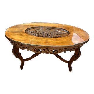 Antique 19th Century Victorian Oak Coffee Table With Large Hand Carved Eagle Emblem and Glass Topper For Sale