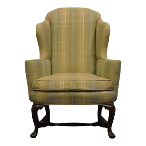 Sherrill Furniture Traditional Style Green Plaid Upholstered Accent Wingback Arm Chair