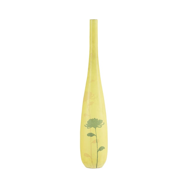 Artisan Tall Yellow Ceramic Vase with Hand-Painted Floral Motif, Sold As Is For Sale - Image 14 of 18