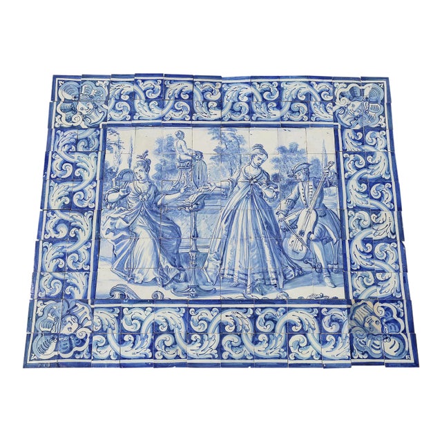 18th Century Antique Portuguese Tile Mural Panel Depicting a Musical Scene For Sale