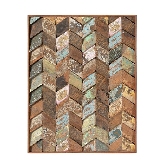 Far Pavilions Reclaimed Wood Wall Art Mosaic | Chevron Wood Panel for Modern Farmhouse Decor | Colorful Rustic Coastal Hanging | Housewarming Gift For Sale - Image 4 of 6