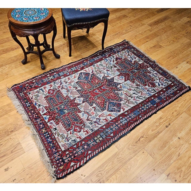 Antique Caucasian Soumak Area Rug, Handwoven Wool, Tribal Bird Motifs Design, 3' x 5' For Sale - Image 4 of 14