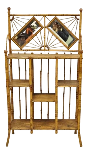 19th C English Victorian Bamboo Stick and Ball Curio Shelf Etagere W/ Mirror