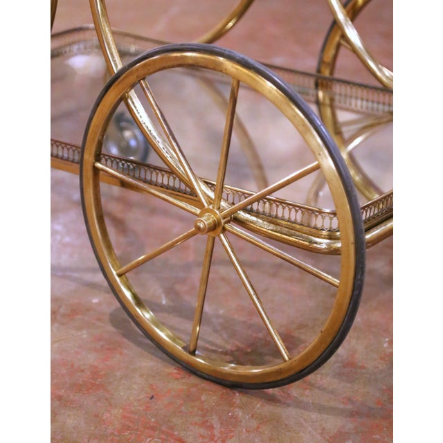 Brass Mid-Century French Gilt Brass Bar Cart With Glass Shelves and Wheels For Sale - Image 8 of 9