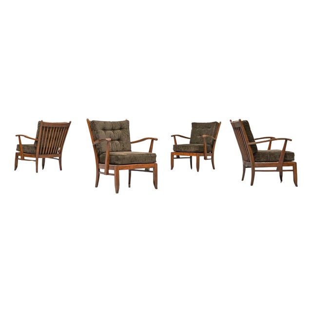 Vintage French Lounge Chairs in Oak and Velvet, 1940s, Set of 4 For Sale
