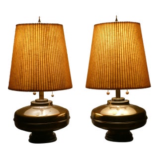 Mid 20th Century Authentic Marbro Monumental Brass Table Lamps With Original Pleated Shades - a Pair For Sale