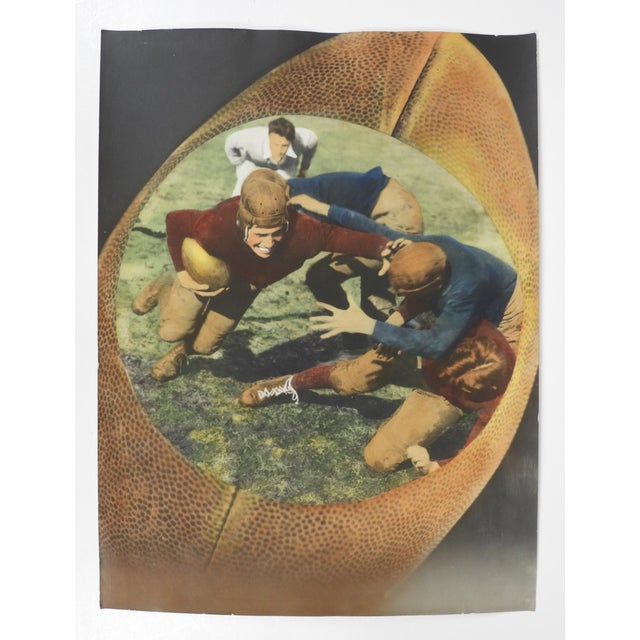 Early 20th century colortone advertising photograph of football players in leather helmets. Unsigned. Unframed, edge and...