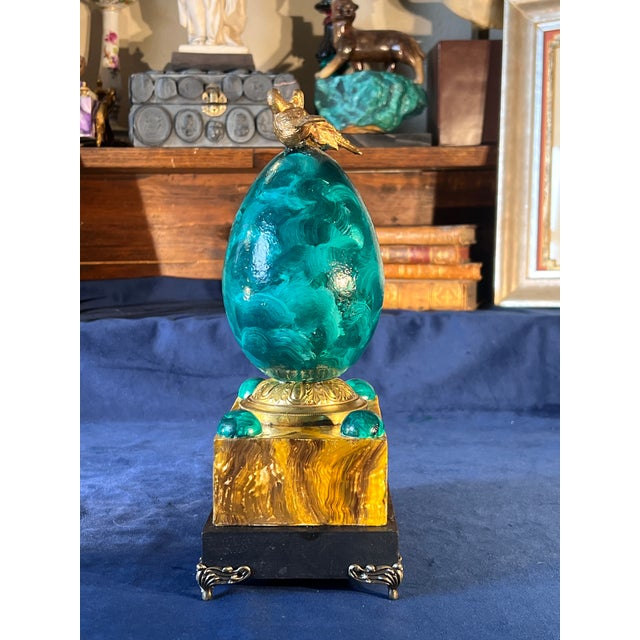 Empire Style Faux Malachite & Sienna Marble Decorative Egg Table Article With Gilt Bronze Doves For Sale - Image 9 of 14