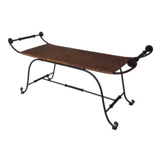1980s Vintage Rattan and Wrought Iron Bench For Sale