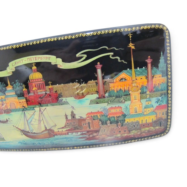 Traditional Russian Saint Petersburg Kholuy Style Hand Painted Panoramic Lacquer Box Signed For Sale - Image 3 of 14