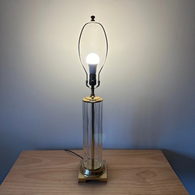 Vintage Brass and Cylinder Cut Glass Tall Buffet Lamp For Sale - Image 10 of 10