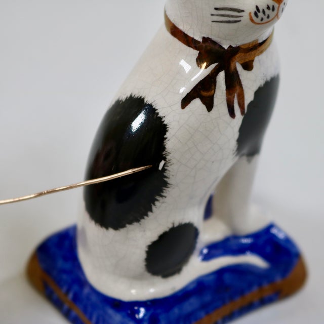 Ceramic Pair of Vintage English Staffordshire Style Black & White Cat Figurines on Blue Pillows For Sale - Image 7 of 11