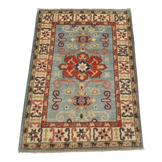 Kazak Rug 2’10” X 4′ Blue Wool Tribal Hand-Knotted Oriental Carpet For Sale