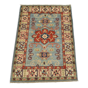 Kazak Rug 2’10” X 4′ Blue Wool Tribal Hand-Knotted Oriental Carpet